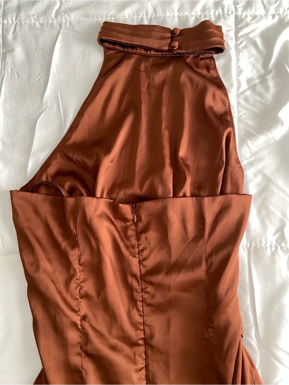 New Fashion Nova Satin Brown High-Neck Maxi Dress with Thigh Slit - Picture 9 of 9